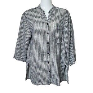 Chicos Design Shirt 0 XS Button Front Linen Striped 3/4 Sleeve Top